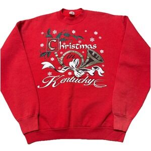 Vintage 90s Christmas In Kentucky Crewneck Sweatshirt USA Made Red XL Faded